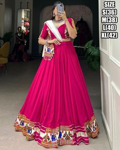 Navratri Wear Pure Rayon Plain With Gamthi Work Gujarati Gamthi Chaniya Choli For Festivals, Indian Traditional Lehenga Choli For Raas Garba Fabric Details -  * Lehenga - Pure Rayon Plain (Full Inner) * Inner - Micro Cotton * Blouse - Rayon Plain * Dupatta - Pure Rayon Plain (2.5 Meter) * Purse - Plain And Gamthi Work With Cowrie (Kodi) Lace Touch-Up . Type - Stitched Size - Mention On Photo Work - * Lehenga - Gamthi Work And Gota Pati Lace Border Stitched With Canvas              * Blouse - Gamthi Work With Gota Patti And Cowrie (Kodi) Lace Touch-Up              * Dupatta - Lace Border              * Purse - Plain And Gamthi Work With Cowrie (Kodi) Lace Touch-Up Length - Max Up To 42 Flair - 3.80 Meter Weight - 2 Kg Occasion - Navratri Special, Festive Wear Washing Instruction - Dry Wash Gamthi Chaniya Choli, New Lehenga Choli, Garba Chaniya Choli, Gamthi Work, Lehenga Choli Latest, Navratri Lehenga, Fancy Lehenga, Lehenga Choli Designs, Cotton Lehenga