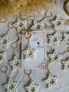 a close up of a card on a table with pearls and other items around it