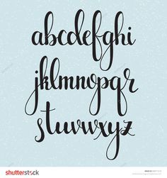 the english alphabet handwritten in black ink on a light blue background with snowflakes