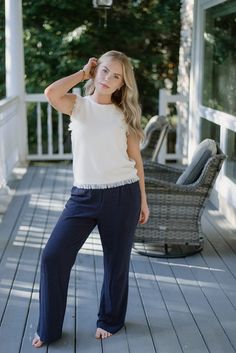 Navy Linen Blend Wide Leg Trousers Breezy Spring Pants For Day Out, Breezy Linen Bottoms With Relaxed Fit, Relaxed Linen Wide Leg Pants For Day Out, Chic Linen Bottoms For Day Out, Chic Linen Pants For Spring, Chic Linen Wide Leg Pants For Day Out, Linen Pants For Spring Day Out, Spring Linen Pants For Day Out, Chic Linen Pants For Day Out