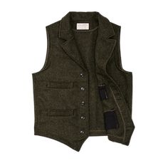 This timeless Western Vest adds that extra bit of breathable comfort on chilly days and warms the torso underneath a coat in colder weather. Made in Seattle with our legendary Mackinaw Wool, it shrugs of wind and light rain, insulates wet or dry, and provides decades of reliable service. The notched lapels and pointed hem are a nod of respect to the clothing worn by the bold pioneers who settled the western half of our country. The vest, known as a waistcoat in Britain, was considered a requirem Fitted Winter Vest With Pockets, Fall Wool Vest With Pockets, Winter Fitted Vest With Pockets, Fitted Vest With Pockets For Cold Weather, Tailored Winter Vest With Pockets, Khaki Outerwear For Winter Layering, Fitted Winter Vest For Outdoor, Classic Winter Vest With Buttons, Classic Outdoor Vest For Fall