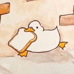 a drawing of a duck holding a piece of bread