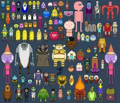 many different types of cartoon characters are shown in this graphic art work, which includes an assortment