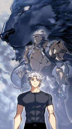 an anime character standing in front of a giant animal