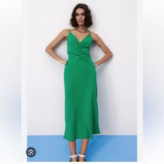 Hits Below The Knee, Beautiful Kelly Green Color And Super Soft Satiny Hand! Spring Ruched Slip Dress For Brunch, Ruched Slip Dress For Spring Brunch, Spring Brunch Ruched Slip Dress, Casual Ruched Maxi Dress For Party, Spring V-neck Ruched Slip Dress, Zara Ruched Maxi Dress For Date Night, Chic Ruched Slip Dress For Spring, Chic Spring Slip Dress With Ruched Detail, Chic Green Ruched Dress