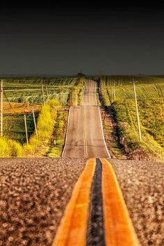 an empty road in the middle of nowhere with no cars or people on it and green fields to the side