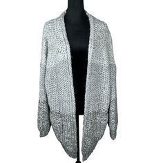 Maeve By Anthropologie Chunky Knit Cardigan Size M Gray Open Front Slouchy Nwt. Interwoven With Silver Metallic Thread. Two Front Patch Pockets. Brand New With Tags. Msrp $178. Acrylic, Cotton, Nylon. Hand Wash Measurements Laying Flat Without Stretching: Pit To Pit 25.5" (Approximate Due To Open Front) Sleeve Approx 25" (Sloped Shoulders) Length 35" (Front) 30" (Back) Cozy Fitted Acrylic Cardigan, Open Front Chunky Knit Sweater, Open Knit Cardigan For Layering, Open Front Knit Sweater For Layering, One-size Knitted Gray Sweater, Gray Knitted One-size Sweater, Gray Knitted Sweater One Size, One Size Gray Knitted Sweater, Cozy Gray Knitted Cardigan