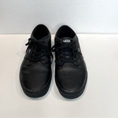 Vans Black On Black Shoes Leather Lace Up Low Top Sneakers Tennis Shoes Nearly New Condition See Photos For Condition Soles Show No Wear One Shoe Lace Has Damage, Easily Replaced Otherwise Almost Brand New! Size 11 Mjw Black Skate Shoes With Vulcanized Sole And Round Toe, Black Skate Shoes With Vulcanized Sole, Black Vulcanized Sole Skate Shoes With Round Toe, Black Synthetic Skate Shoes With Round Toe, Black Synthetic Round Toe Skate Shoes, Black Leather Skate Shoes With Round Toe, Black Leather Round Toe Skate Shoes, Black Synthetic Skate Shoes With Vulcanized Sole, Black Leather Casual Skate Shoes