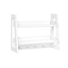 a white shelf with two shelves on each side and three hooks at the bottom for storage