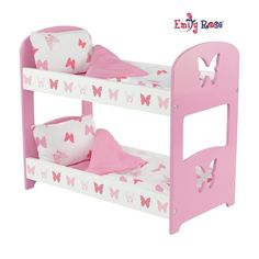 a pink and white bunk bed with butterflies on the mattresses, pillows and pillowcases