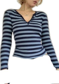 Kawaii Stripe Long Sleeve Tee Striped V Neck Long Sleeve Tee - AnotherChill Cute Fitted Blue T-shirt, Cute Fitted Long Sleeve Tops, Y2k Striped Cotton Tops, Trendy Blue T-shirt For Fall, Y2k Style Stretch Blue Tops, Casual Striped V-neck Top, Fitted Striped Y2k Top, Casual Light Blue V-neck T-shirt, Cute V-neck Top For Fall