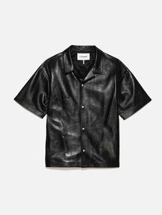 Black Leather Button-up Top, Leather Button-up Tops With Button Closure, Chic Collared Leather Top, Black Leather Collared Top, Modern Leather Tops For Workwear, Classic Leather Tops For Fall, Spring Leather Tops With Button Closure, Classic Leather Collared Top, Classic Collared Leather Tops