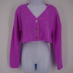 Drop Shoulder Long Sleeve V-Neck Button Up Fuzzy Knit Cropped Color: Neon Purple Material: Polyester Features: Made In China Machine Wash Cold, Tumble Dry Low Size: Womens Xs Measurements: Shoulder To Hem 14 In / 36 Cm Shoulder To Shoulder 24.5 In / 62 Cm Pit To Pit 20.5 In / 52 Cm Sleeve Length 18 In / 46 Cm Condition: New With Tags Smoke Free, Dog Friendly Home All Measurements Are Approximate And Laying Flat Most Products Stored And Shipped In Cellophane Poly Bags All Offers Considered And Op Trendy Purple V-neck Cardigan, Knit V-neck Cardigan With Buttons, Cozy V-neck Top With Button Closure, Trendy Cropped Cardigan With Button Closure, Winter Cropped Cardigan With Buttons, Pink V-neck Outerwear With Button Closure, Trendy Purple V-neck Outerwear, Purple Button-up Cardigan With Buttons, Purple Button-up Cardigan