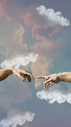 two hands reaching out towards each other with clouds in the sky behind them as if they were touching