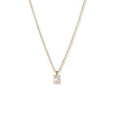 This timeless necklace is the perfect addition to elevate any look. Featuring a beautiful emerald cut diamond, this necklace will add the perfect amount of elegance to any outfit. Can be worn alone or paired with other pieces for a gorgeous stacked look! Made of 925 Sterling Silver 14K Gold or Rhodium plating Nickel-free & hypoallergenic Highest grade cz for an authentic diamond look! Chain Length: 16” + 3" extender Lobster clasp closure Classic Radiant Cut Single Diamond Necklace, Timeless Gold Solitaire Necklace With Emerald Cut, Timeless Emerald-cut Diamond Necklace For Gift, Timeless Emerald Cut Diamond Necklace Gift, Timeless Gold Necklace With Emerald Cut, Emerald Cut Diamond Cut Necklace Gift, Emerald Cut Diamond Cut Necklace As Gift, Dainty Emerald Cut Baguette Diamond Jewelry, Dainty Jewelry With Baguette Emerald Cut Diamonds