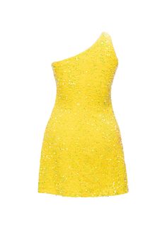 Our Lemon - Clear Iridescent Velvet Sequin One Shoulder A-Line SHIFT Show Choir Dress hits the stage lights for exciting flashes of color and light! It features an asymmetric Neckline in all-over Popcorn Sequin Stretch Velvet. Flattering A-Line fullness allows for all dancing styles without clinging or riding up. Quick Step-In style. 1 1/2" folded hem lands at 3-4" above knees for average height performers. Free Shipping. High Waist Briefs NOT included. Luxury Contrast Sequin Dress, Fitted Luxury Sequin Dress, Yellow Sequin Mini Dress For Party, Yellow Formal Dress For Party Season, Yellow Sequin Party Dress, Glamorous Yellow Mini Dress, Glamorous Yellow Party Dress, Yellow Sequined Cocktail Dress, Glamorous Fitted Yellow Dress