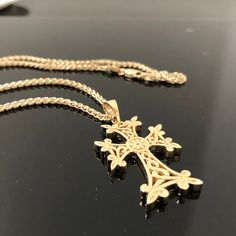 14K Gold Armenian Cross METAL: 14K Yellow Gold, 14K White Gold, or 14K Rose Gold MEASUREMENTS: This cross is 1.8 inches in height (with the bail), and 1 inch in width. DESCRIPTION: This is a handmade Armenian cross pendant. It comes with a 24-inch spiga/wheat chain. It is a beautiful cross! Please contact us for all other chain lengths! FREE SHIPPING ON ALL DOMESTIC ORDERS We will gladly accept your returned merchandise. Customers have 7 days after the date of receipt to return the item. Please Elegant Yellow Gold Necklace For Baptism, Elegant Yellow Gold Baptism Jewelry, Gold Hallmarked Necklaces For Baptism, Gold Cross Necklace For Formal Occasions, Elegant Hallmarked Jewelry For Baptism, Elegant Engraved Jewelry For Baptism, Engraved Elegant Jewelry For Baptism, Elegant Yellow Gold Jewelry For First Communion, Elegant Gold Cross Necklace With Polished Finish