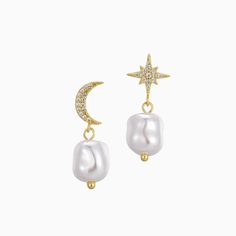 Channel the laid-back elegance of Malibu, California with the Aster Mismatched Stud Earrings. These minimalistic gold earrings feature a celestial-inspired design, combining a sparkling star and moon with delicate freshwater pearl accents. Perfect for adding a whimsical yet chic touch to any outfit, these dainty studs embody the effortlessly sophisticated vibe of everyday gold earrings. Crafted from 18k gold plated sterling brass, they are lightweight, hypoallergenic, and built to last. As a thoughtful gift, the Aster Stud Earrings are ideal for celebrating any occasion. Affordable yet luxurious, their timeless design makes them the perfect choice for anyone who appreciates dainty gold jewelry that complements both casual and formal looks. Features: - Unique mismatched gold stud earrings f Everyday Gold Earrings, Dainty Gold Jewelry, Star And Moon, Gold Earrings For Women, 18k Gold Earrings, Sparkling Stars, Dainty Studs, Moon Earrings, Font Family