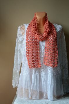 Crocheted Summer Cotton Scarf, Knit Weight Fashion Scarf , Handmade Summer Lace Wrap, Hand Crocheted Salmon Coral Lacy Scarf Hand crocheted color salmon coral Soft yarn 100% Cotton The dimensions of the scarf are approximately: 78,7 in (200cm) long, 5,1 in (13cm) wide Delivery time to most countries is 5-16 days. You can choose shipping via FedEx - 3-5 days Lacy Scarf, Knitted Shawl, Scarf Knit, Scarf Handmade, Lace Wrap, Mohair Yarn, Summer Lace, Fashion Scarf, Lace Shawl