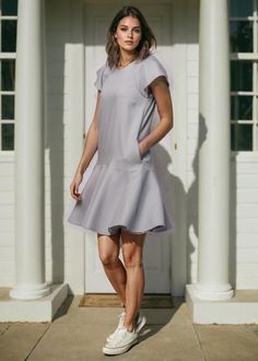 This above the knee length a Light Gray dress is made of polyester, viscose and elastane blend, this is a short, like wings sleeves dress, it has two beautiful pockets. This casual dress is essentia clothing in summer. Beautifully romantic and feminine, this dress could be worn to just about any kind of occasion on a summer's day. When You dress this dress you feel beautiful and exclusive.  The dress is fastened with a zipper in the back. Front and back of dress are with lined (100% viscose). Fabric of the dress: 68% polyester, 30% viscose, 2% elastane. The model is 174 cm tall and M-sized, wearing a size M dress. Dimensions of this dress: SIZE S:  Bust: 36.6" / 93 cm  Waist: 37" / 94 cm Hips: 37.8" / 96 cm  Dress length 36.2 "/ 92 cm. SIZE M: Bust: 38.6" / 98 cm  Waist: 39.4" / 100 cm Hip Stretch A-line Mini Dress For Daywear, Summer Mini Dress For Work, Stretch Mini Dresses For Daywear, Knee-length Fit And Flare Mini Dress For Daywear, Fitted Mini Length Short Sleeve Dress For Daywear, Fitted Short Sleeve Mini Dress For Daywear, Chic Fitted Short Sleeve Dress For Daywear, Knee-length Dress With Fitted Waist And Flattering Silhouette, Fitted Short Sleeve Knee-length Dress