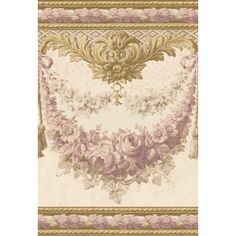 an ornately decorated wall hanging with flowers and leaves in pink, beige and gold colors