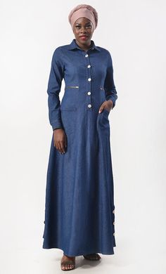 Modest Denim Buttons Detailing Abaya Elegant Button-up Denim Dress With Pockets, Elegant Long Sleeve Denim Dress With Button Closure, Elegant Denim Dress With Button Closure For Work, Elegant Denim Dress With Buttons, Elegant Button-up Denim Dress For Fall, Elegant Denim Dress With Button Closure For Fall, Elegant Denim Dress With Button Closure, Elegant Blue Denim Dress With Button Closure, Elegant Long Sleeve Denim Dress