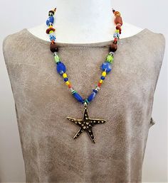 Starfish Shaped Beaded Necklace For Gift, Multi-strand Necklaces With Faceted Beads For Beach, Multicolor Starfish Shaped Beaded Jewelry, Starfish-shaped Beaded Necklace For Gift, Colorful Starfish-shaped Beads Jewelry As Gift, Starfish Pendant, Color Necklace, Murano Glass Beads, Beaded Statement Necklace