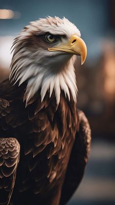 an eagle is standing with its head turned to the side