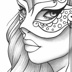 a black and white drawing of a woman's face with an elaborate mask on