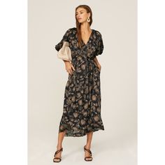 Black printed viscose (100% Viscose). Empire. Short sleeves. V-neck. Pull on. 49.5" from shoulder to hemline. Imported. Puff Sleeve Dress, Rent The Runway, Closet Designs, Puffed Sleeves Dress, Black Print, Sleeve Dress, Puff Sleeve, Black And Brown, Midi Dress