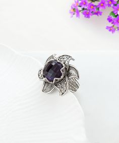 Amethyst Silver Sun Floral Victorian Women Ring, 925 Sterling Silver Artisan Handmade Filigree Ornate Ring, Women Fancy Flower Jewelry gothic goth ring, purple cocktail ring, february stone ring, ring gift for her, handmade flower ring, bold statement ring Material: 925 Sterling Silver (NICKEL FREE) Gemstone: Amethyst 12 mm. -The stone used in this jewelry, Amethyst Gemstone, is the February Birthstone. Are you looking for a piece that symbolizes style and splendor? Well, look no further. Our Amethyst Silver Sun Floral Victorian Women Ring is just what you need to show off in style. Let the sun shine in with this unique Amethyst Silver Sun Floral Victorian Women Ring. It is beautifully made and light on your fingers, which means it's perfect for everyday wear. *History of AMETHYST -Amethys Vintage Flower Gemstone Jewelry, Vintage Flower-shaped Gemstone Jewelry, Elegant Purple Gemstone Flower Ring, Silver Flower-shaped Rings With Center Stone, Silver Flower Ring With Center Stone, Purple Flower-shaped Jewelry For Weddings, Silver Oval Flower Ring Fine Jewelry, Fine Jewelry Silver Oval Flower Ring, Elegant Silver Flower Ring With Accent Stones