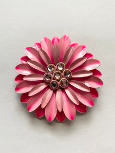 This is a beautiful vintage retro mod Hot Pink enamel and rhinestone  1960s flower pin. The pin measures 2 1/2 inches across. This item is an excellent preowned vintage condition. No chipping or crazing Pink Enamel, Large Ring, Enamel Flower, Flower Pins, Vintage Jewels, Brooch Pin, Antique Jewelry, Vintage Antiques, Hippie Boho