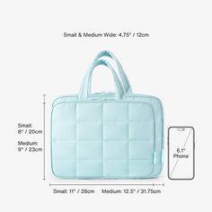 an image of a laptop bag with measurements for the size and width, shown in blue