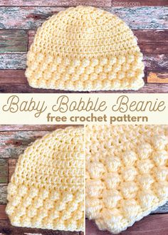 the baby crochet beanie is shown in three different pictures and has been made with