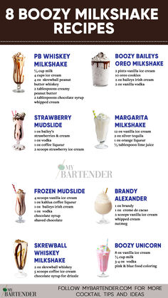 8 Boozy Milkshake Recipes Boozy Milkshake Recipes, Bourbon Chocolate, Alcoholic Treats, Boozy Milkshake, Cocktail Drinks Alcoholic, Milkshake Recipe, Mixed Drinks Alcohol