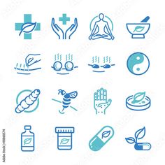 blue and white icons depicting various health related items