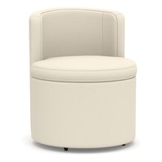 a white round chair with wheels on the back and seat upholstered to the side