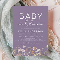 Wildflower Baby in Bloom Baby Shower Invitation Editable Template Wildflower Baby Shower, Purple Wildflowers, Gender Neutral Baby Shower Invitations, Baby In Bloom, Invitation Flyer, Party Stationery, Bloom Baby, Unique Invitations, Gender Neutral Baby Shower