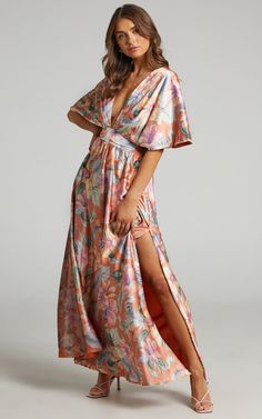 Sophia Plunge Neck Bat Wing Sleeve Maxi Dress in Multi Floral | Showpo USA Wing Sleeve Dress, Plunge Neck Dress, Boho Wedding Guest, Batwing Sleeve Dress, Wedding Guest Outfit Spring, Fiji Wedding, Plunging Neck Dress, Sophia Dress, Formal Wedding Guest Dress