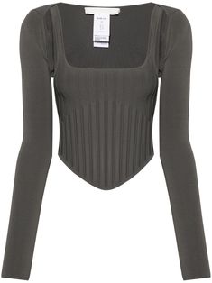 beluga grey pointelle knit corset style square neck exposed rear zip fastening detachable bolero sleeves thumb slots curved hem Chic Fitted Gray Crop Top, Dion Lee Top, Dior Corset, Bolero Sleeves, Knit Corset, Deconstruction Fashion, Dress Reference, Pointelle Knit, Versace Outfit