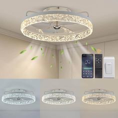 four different types of lights and remote controls in various stages of lighting up the ceiling