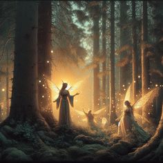 two fairy - like figures in the woods surrounded by trees with glowing lights on them