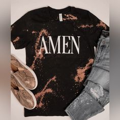 Unisex Fit Bella Canvas Tee. Hand Bleached. Faith Based, Jesus, Good Vibes. Amen Black Bleach Graphic Tee Shirt. New With Tags. Made In Us 100% Cotton Bleached Tshirt Ideas, Bleached T Shirt, Bleach T Shirts, Graphic Tee Shirt, Bella Canvas Tees, Faith Based, Graphic Tee Shirts, Good Vibes, Bella Canvas