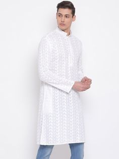 Vastramay Men's White Pure Cotton Chikankari Kurta This elegant kurta from Vastramay is crafted from pure cotton in a traditional Chikankari style. Perfect for both casual and semi-formal occasions, it offers comfort and sophistication. Features Traditional Chikankari embroidery 100% pure cotton fabric Comfortable fit with side slits White Cotton Sherwani With Cutdana, Traditional Fit Cotton Sherwani With Cutdana, Cotton Sherwani With Chikankari Embroidery In Traditional Fit, Cotton Sherwani With Cutdana In Traditional Fit, White Naqshi Kurta For Diwali, White Traditional Fit Kurta For Ceremonies, Transitional Cotton Sherwani With Chikankari Embroidery, White Straight Kurta With Traditional Fit, White Cotton Sherwani For Puja