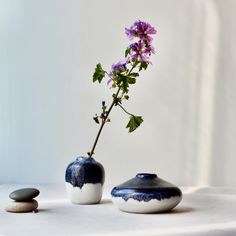 two vases with flowers in them sitting on a white table cloth next to each other