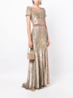 Jenny Packham Greta sequin-embellished Gown - Farfetch Brown Gown, Jenny Packham Dresses, Ellie Saab, Embellished Gown, Versace Outfit, City Dress, Sequin Gown, Jenny Packham, Dress Sale