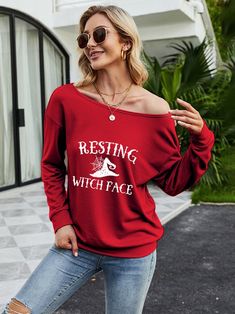 Resting Witch Face Halloween Sweatshirt Long Sleeve Slogan Top For Fall, Red Long Sleeve Top For Halloween, Red Long Sleeve Tops For Halloween, Red Long Sleeve T-shirt For Halloween, Red Long Sleeve Sweatshirt For Halloween, Long Sleeve Halloween Streetwear Top, Long Sleeve Tops For Halloween Streetwear, Red Crew Neck Top For Halloween, Halloween Long Sleeve Relaxed Fit T-shirt