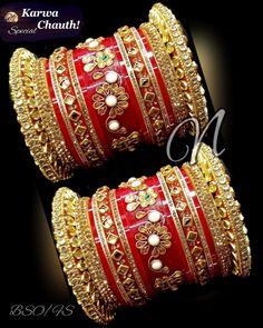 Give Yourself Charming Looks With Beautiful Red & Golden Chura Set. Center Piece Is Embellished With Glass Kundan Floral Shape Fitting. Stones & Kundan Beaded Bangles Are Placed In A Pleasing Manner. A Perfect Creation For Every Occasion. This is a set of 30 Bangles (15 For Each Hand). Heavy Red Wedding Sets, Heavy Red Traditional Wear For Festive Occasions, Bollywood Style Red Bridal Sets With Pallu, Red Bollywood Bridal Sets With Zari Work, Red Bollywood Bridal Sets With Pallu, Bollywood Style Red Bridal Sets For Festive Season, Red Bollywood Bridal Sets For Festive Season, Red Bollywood Bridal Sets For Festive Occasions, Red Tilla Bridal Sets For Marriage