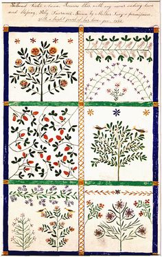 four different types of embroidery designs on white paper with blue trimmings and flowers