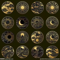 the twelve moon phases are depicted in gold and black circles with clouds, stars, and mountains